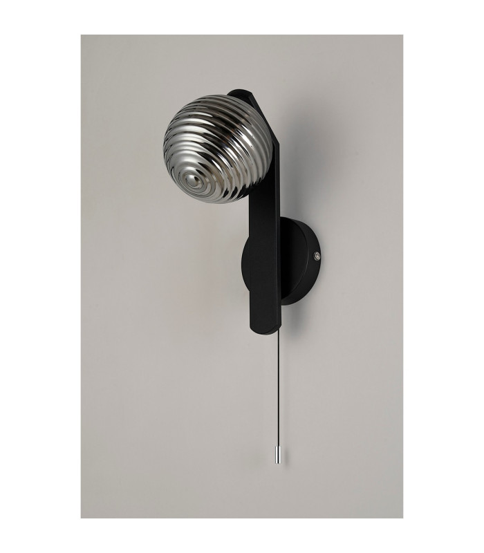 Cortland Pull Switch Wall Light 1 Light G9 IP44 Black/Polished Chrome/Smoke Ribbed Round Glass-5