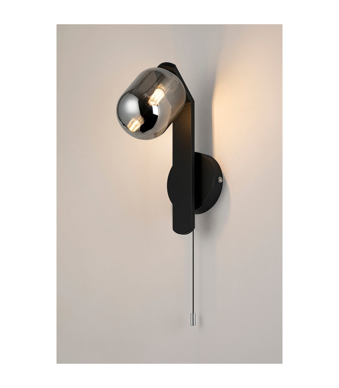 Cortland Pull Switch Wall Light 1 Light G9 IP44 Black/Polished Chrome/Smoke Smooth Tubular Glass-3