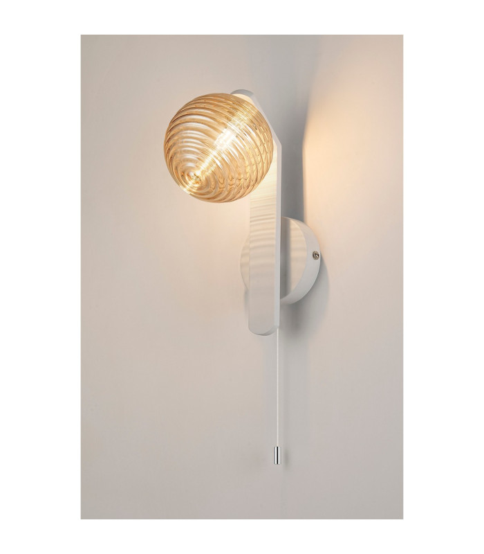 Cortland Pull Switch Wall Light 1 Light G9 IP44 White/Polished Chrome/Amber Ribbed Round Glass-3