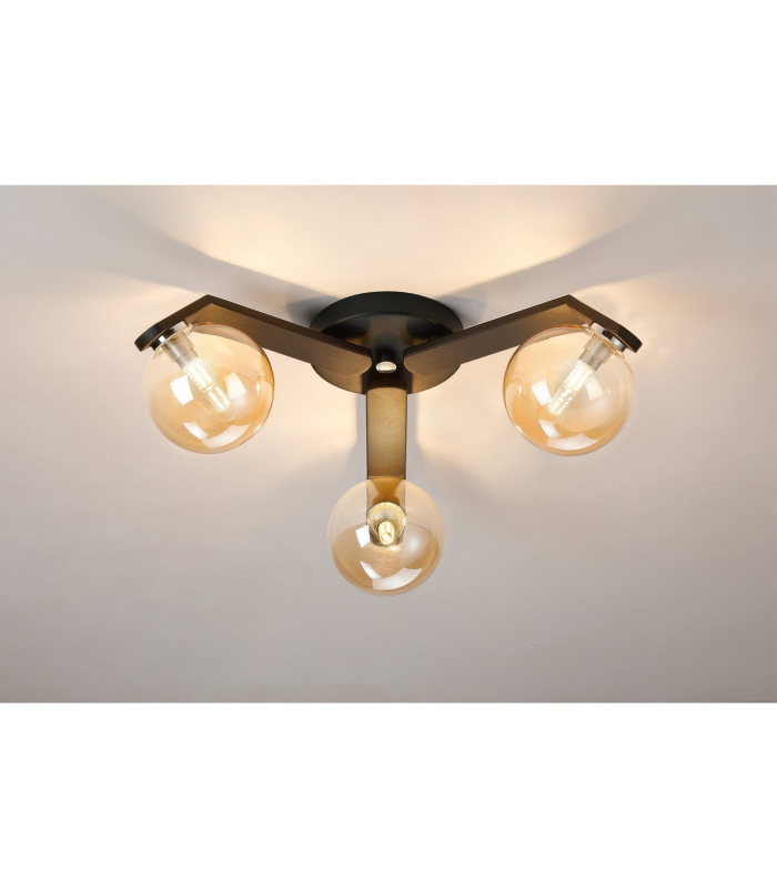 Cortland 51cm Flush Ceiling 3 Light G9 IP44 Black/Polished Chrome/Amber Smooth Round Glass-3