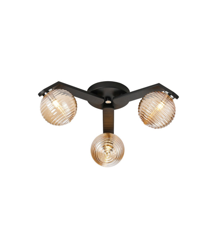 Cortland 51cm Flush Ceiling 3 Light G9 IP44 Black/Polished Chrome/Amber Ribbed Round Glass-1