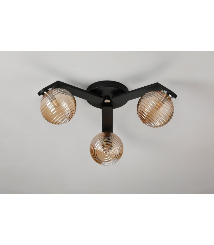 Cortland 51cm Flush Ceiling 3 Light G9 IP44 Black/Polished Chrome/Amber Ribbed Round Glass-7