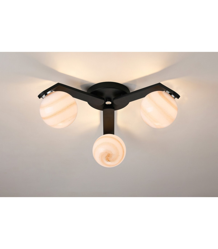 Cortland 51cm Flush Ceiling 3 Light G9 IP44 Black/Polished Chrome/Brown Round Marble Effect Glass-3
