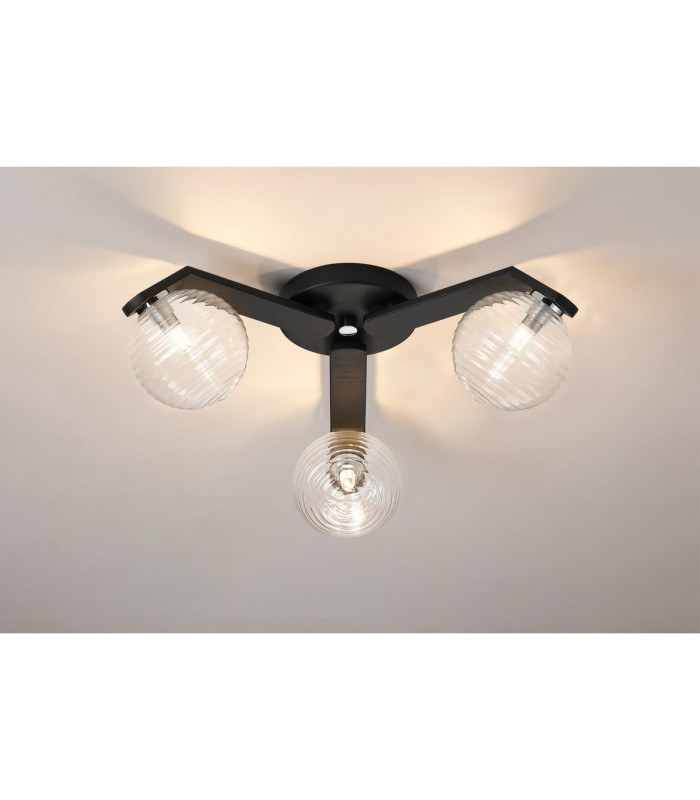 Cortland 51cm Flush Ceiling 3 Light G9 IP44 Black/Polished Chrome/Clear Ribbed Round Glass-3