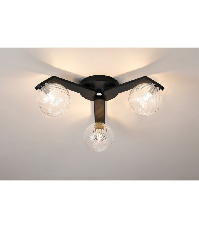 Cortland 51cm Flush Ceiling 3 Light G9 IP44 Black/Polished Chrome/Clear Swirl Round Glass-3