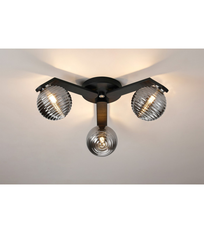 Cortland 51cm Flush Ceiling 3 Light G9 IP44 Black/Polished Chrome/Smoke Ribbed Round Glass-3