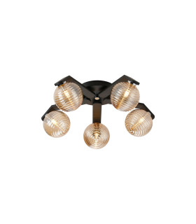Cortland 54cm Flush Ceiling 5 Light G9 IP44 Black/Polished Chrome/Amber Ribbed Round Glass-1