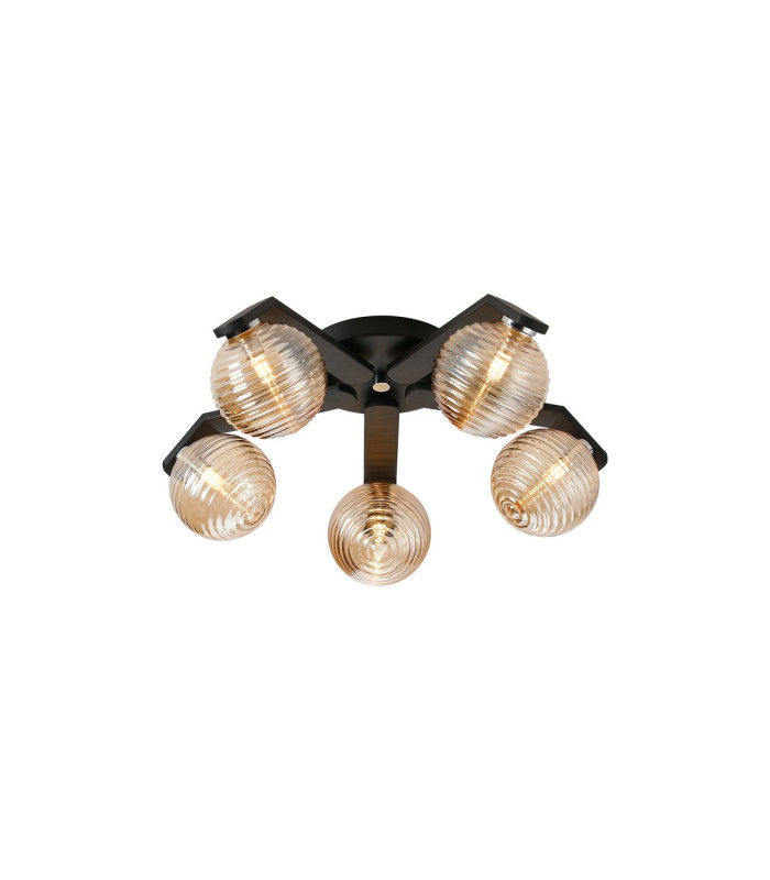 Cortland 54cm Flush Ceiling 5 Light G9 IP44 Black/Polished Chrome/Amber Ribbed Round Glass-1
