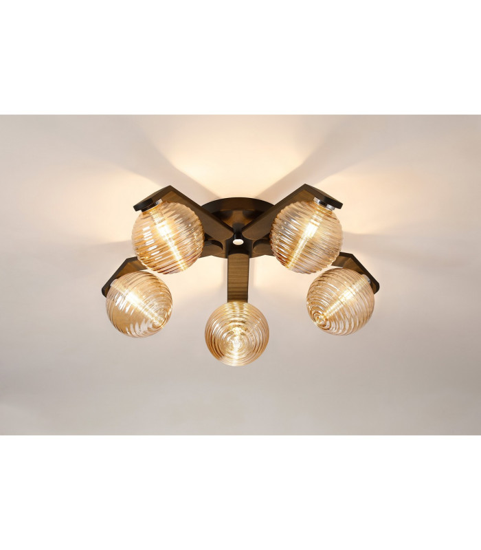Cortland 54cm Flush Ceiling 5 Light G9 IP44 Black/Polished Chrome/Amber Ribbed Round Glass-3