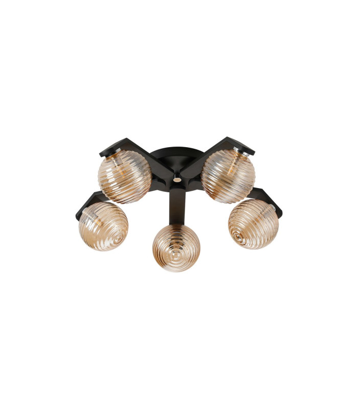 Cortland 54cm Flush Ceiling 5 Light G9 IP44 Black/Polished Chrome/Amber Ribbed Round Glass-4
