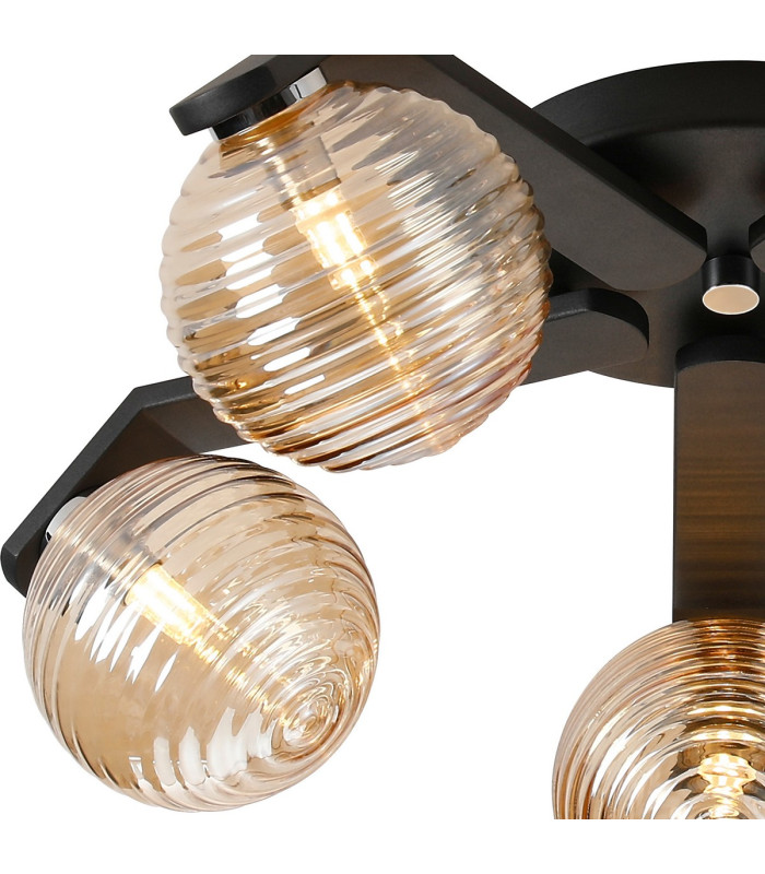 Cortland 54cm Flush Ceiling 5 Light G9 IP44 Black/Polished Chrome/Amber Ribbed Round Glass-5