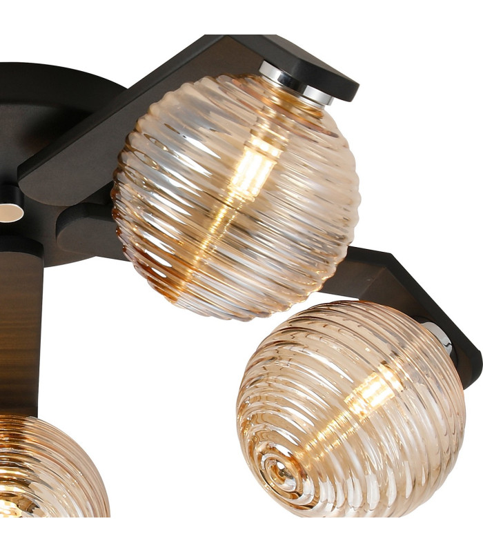 Cortland 54cm Flush Ceiling 5 Light G9 IP44 Black/Polished Chrome/Amber Ribbed Round Glass-6