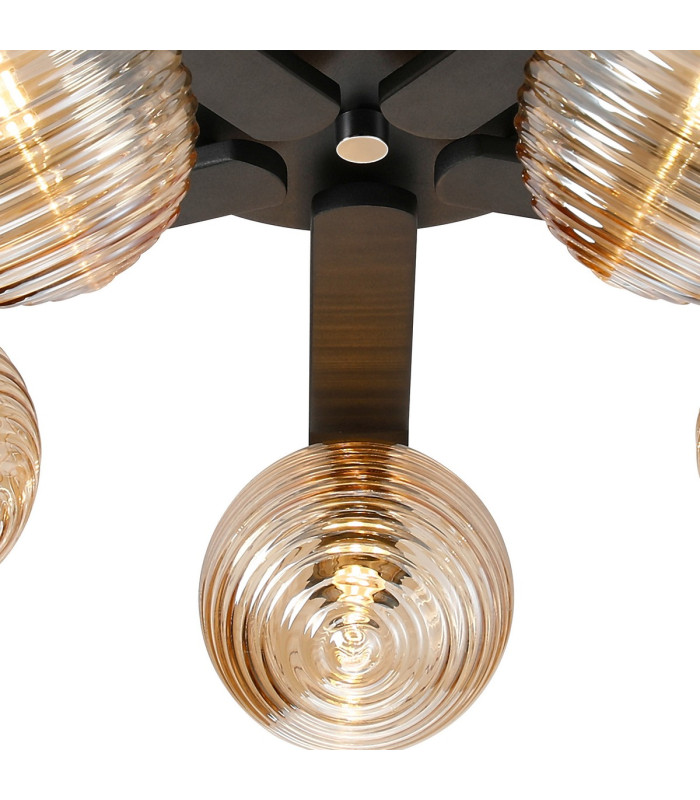 Cortland 54cm Flush Ceiling 5 Light G9 IP44 Black/Polished Chrome/Amber Ribbed Round Glass-7