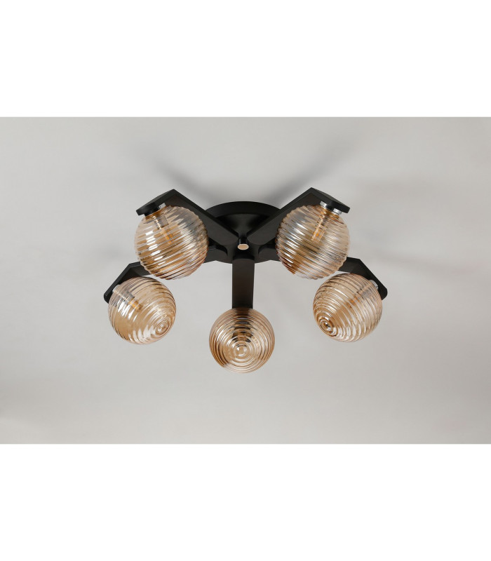 Cortland 54cm Flush Ceiling 5 Light G9 IP44 Black/Polished Chrome/Amber Ribbed Round Glass-8