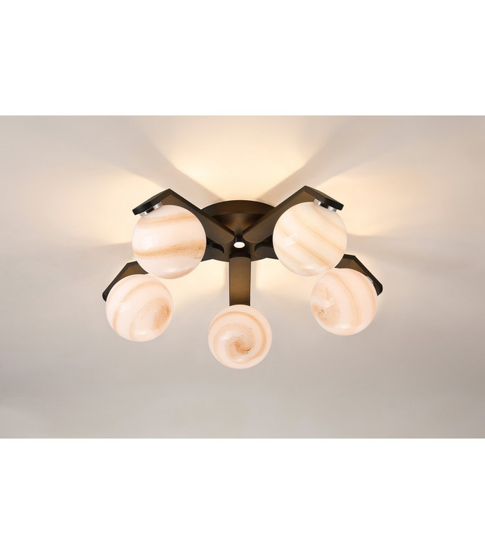 Cortland 54cm Flush Ceiling 5 Light G9 IP44 Black/Polished Chrome/Brown Round Marble Effect Glass-3
