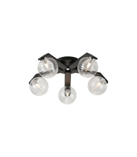 Cortland 54cm Flush Ceiling 5 Light G9 IP44 Black/Polished Chrome/Clear Ribbed Round Glass-1