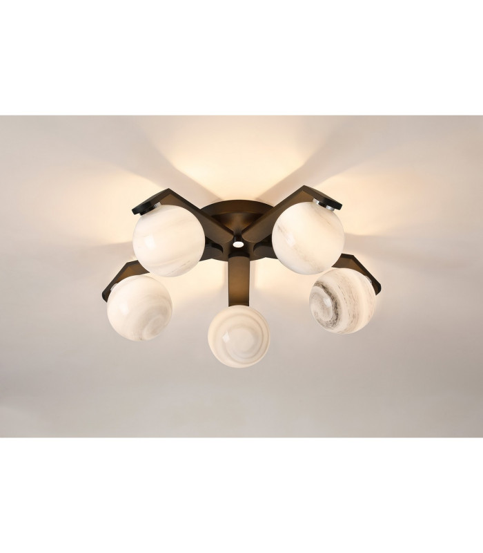 Cortland 54cm Flush Ceiling 5 Light G9 IP44 Black/Polished Chrome/Grey Round Marble Effect Glass-3