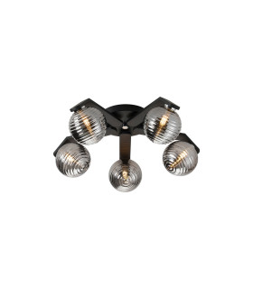 Cortland 54cm Flush Ceiling 5 Light G9 IP44 Black/Polished Chrome/Smoke Ribbed Round Glass-1