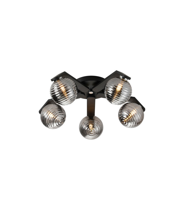 Cortland 54cm Flush Ceiling 5 Light G9 IP44 Black/Polished Chrome/Smoke Ribbed Round Glass-1