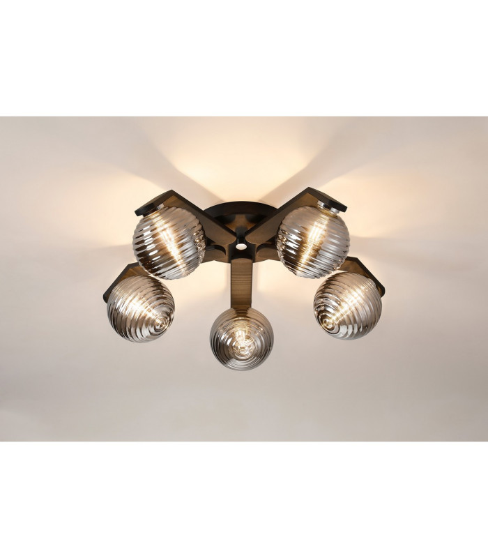 Cortland 54cm Flush Ceiling 5 Light G9 IP44 Black/Polished Chrome/Smoke Ribbed Round Glass-3