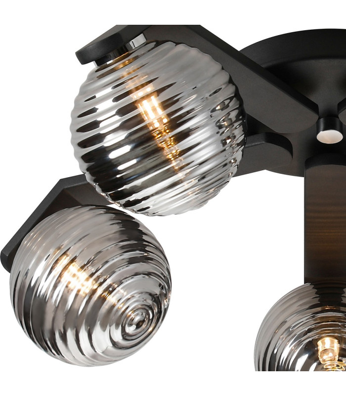 Cortland 54cm Flush Ceiling 5 Light G9 IP44 Black/Polished Chrome/Smoke Ribbed Round Glass-5