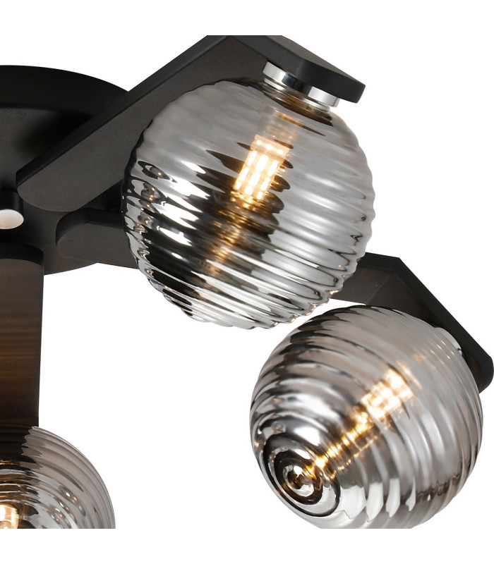 Cortland 54cm Flush Ceiling 5 Light G9 IP44 Black/Polished Chrome/Smoke Ribbed Round Glass-6