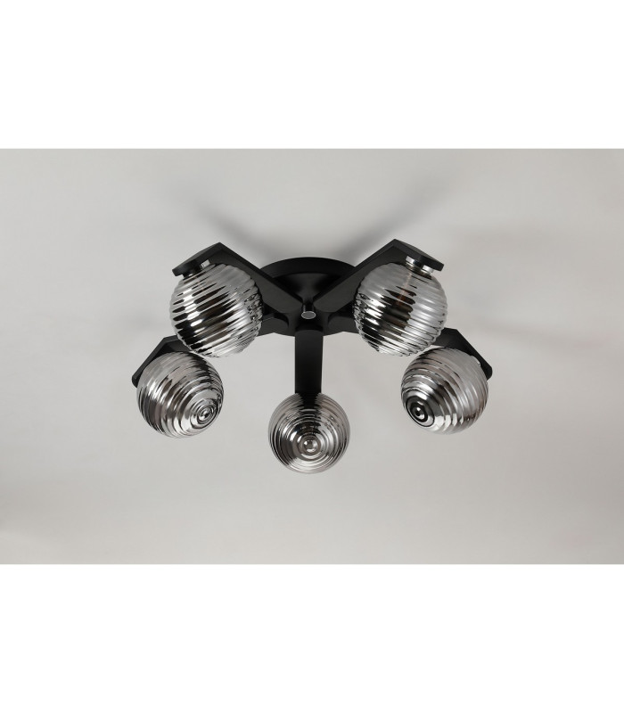 Cortland 54cm Flush Ceiling 5 Light G9 IP44 Black/Polished Chrome/Smoke Ribbed Round Glass-8