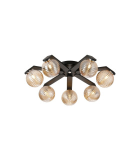 Cortland 64cm Flush Ceiling 7 Light G9 IP44 Black/Polished Chrome/Amber Ribbed Round Glass-1