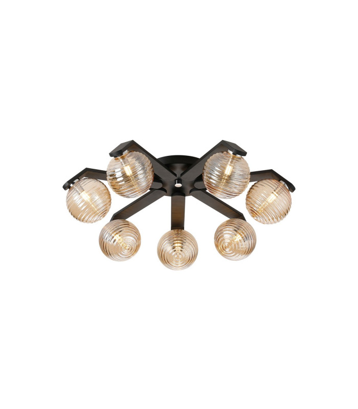 Cortland 64cm Flush Ceiling 7 Light G9 IP44 Black/Polished Chrome/Amber Ribbed Round Glass-1
