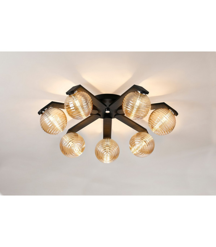 Cortland 64cm Flush Ceiling 7 Light G9 IP44 Black/Polished Chrome/Amber Ribbed Round Glass-3
