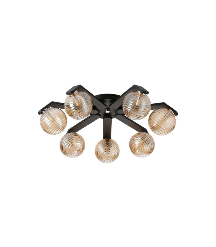Cortland 64cm Flush Ceiling 7 Light G9 IP44 Black/Polished Chrome/Amber Ribbed Round Glass-5