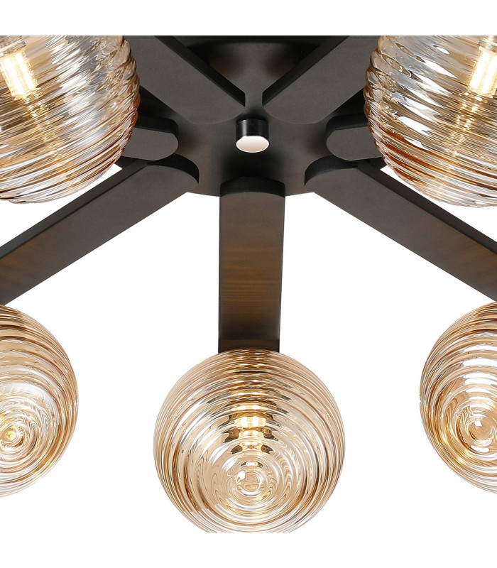 Cortland 64cm Flush Ceiling 7 Light G9 IP44 Black/Polished Chrome/Amber Ribbed Round Glass-7