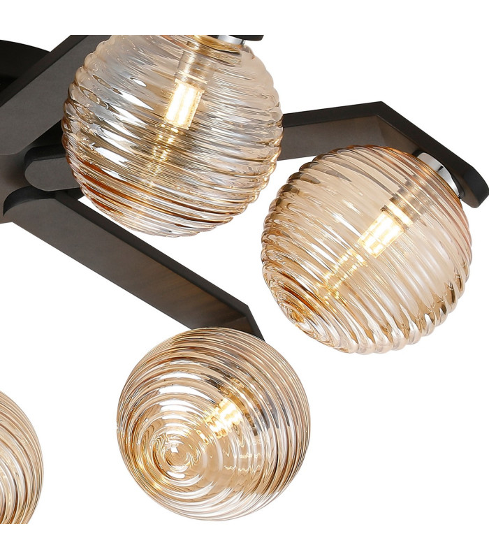 Cortland 64cm Flush Ceiling 7 Light G9 IP44 Black/Polished Chrome/Amber Ribbed Round Glass-8