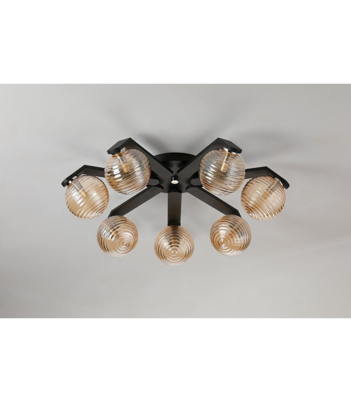 Cortland 64cm Flush Ceiling 7 Light G9 IP44 Black/Polished Chrome/Amber Ribbed Round Glass-9