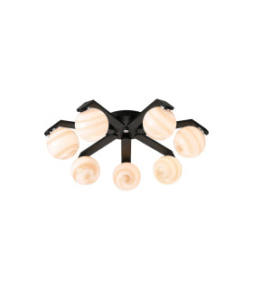 Cortland 64cm Flush Ceiling 7 Light G9 IP44 Black/Polished Chrome/Brown Round Marble Effect Glass-1