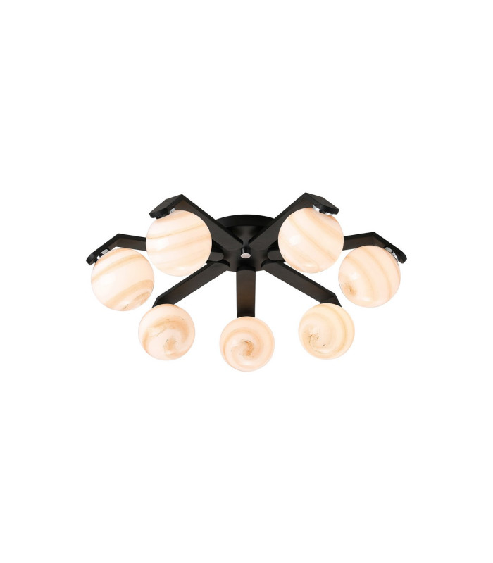 Cortland 64cm Flush Ceiling 7 Light G9 IP44 Black/Polished Chrome/Brown Round Marble Effect Glass-1