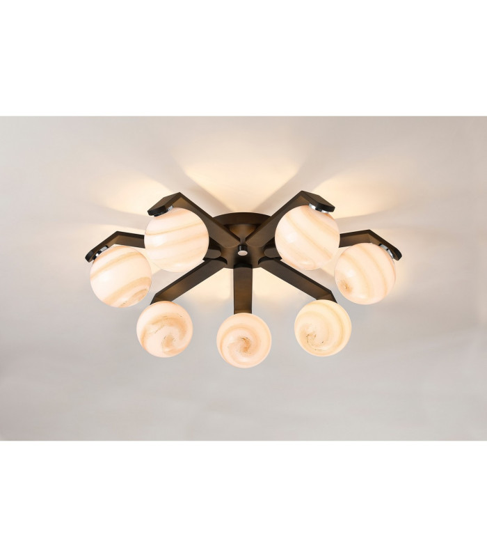 Cortland 64cm Flush Ceiling 7 Light G9 IP44 Black/Polished Chrome/Brown Round Marble Effect Glass-3