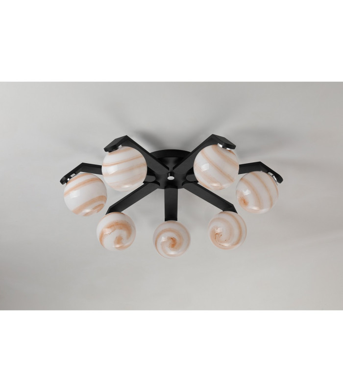 Cortland 64cm Flush Ceiling 7 Light G9 IP44 Black/Polished Chrome/Brown Round Marble Effect Glass-7