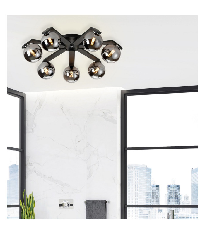 Cortland 64cm Flush Ceiling 7 Light G9 IP44 Black/Polished Chrome/Smoke Smooth Round Glass-4