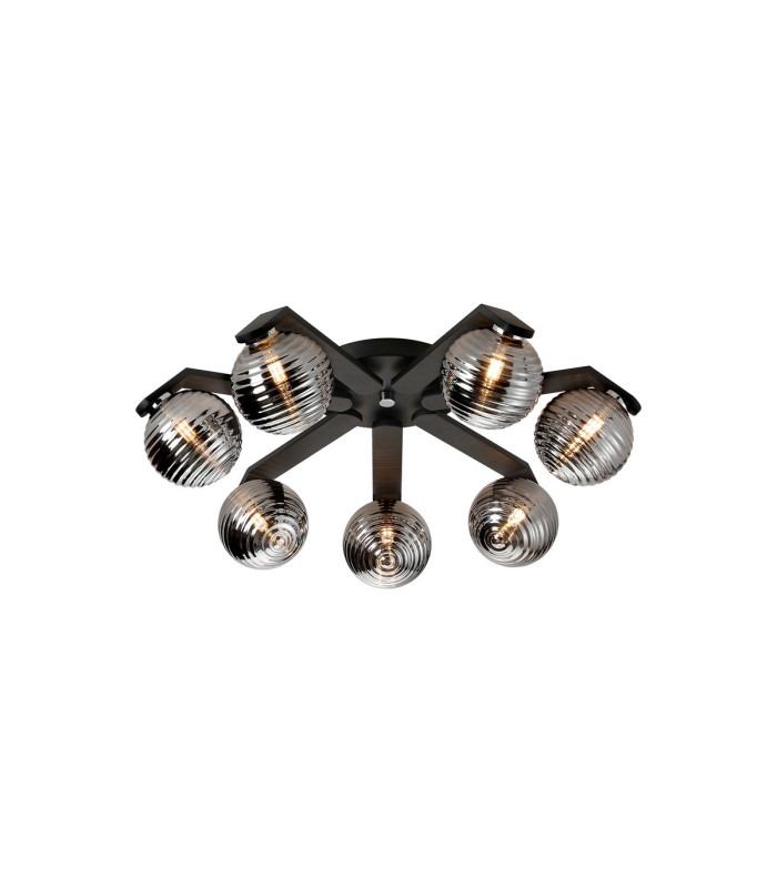 Cortland 64cm Flush Ceiling 7 Light G9 IP44 Black/Polished Chrome/Smoke Ribbed Round Glass-1