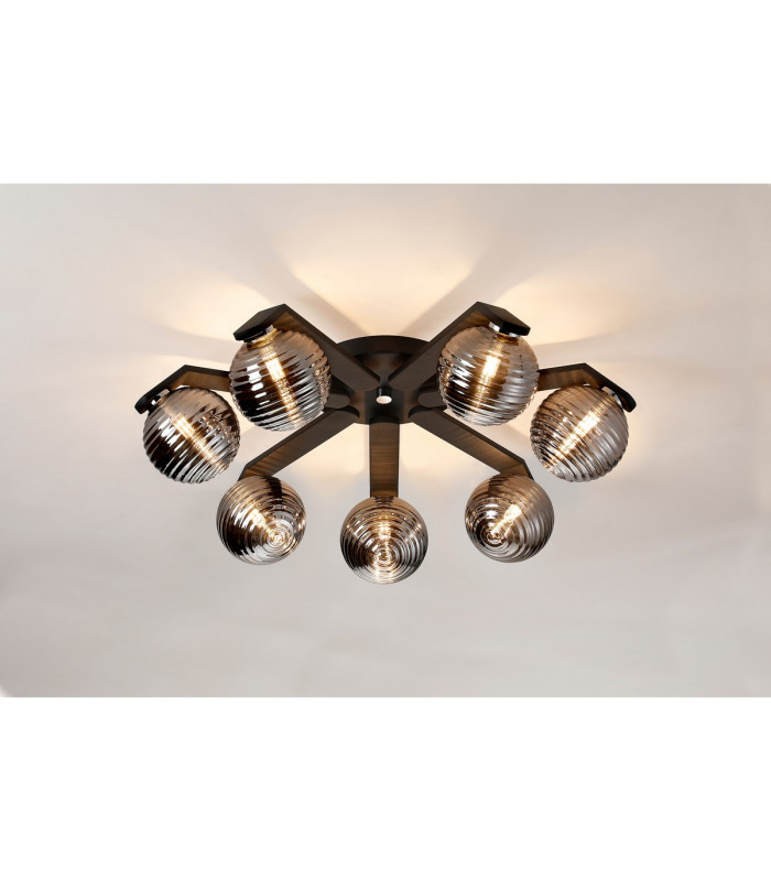 Cortland 64cm Flush Ceiling 7 Light G9 IP44 Black/Polished Chrome/Smoke Ribbed Round Glass-3