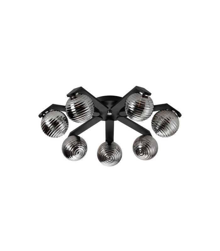 Cortland 64cm Flush Ceiling 7 Light G9 IP44 Black/Polished Chrome/Smoke Ribbed Round Glass-4