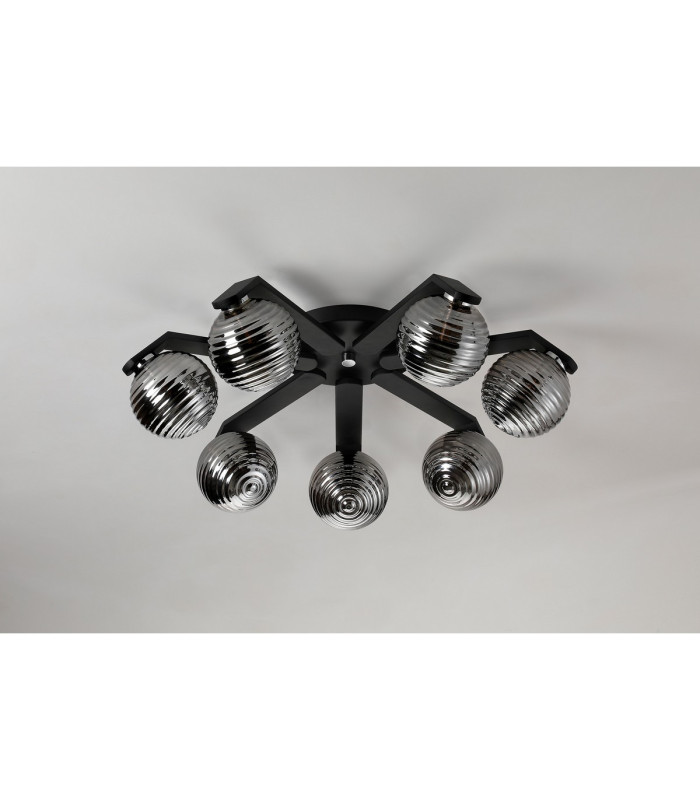 Cortland 64cm Flush Ceiling 7 Light G9 IP44 Black/Polished Chrome/Smoke Ribbed Round Glass-8