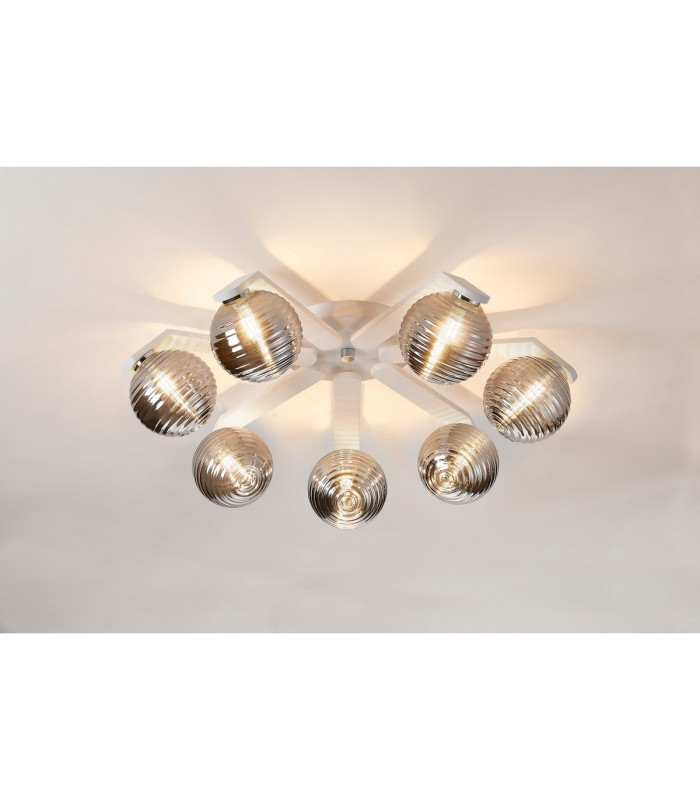 Cortland 64cm Flush Ceiling 7 Light G9 IP44 White/Polished Chrome/Smoke Ribbed Round Glass-3
