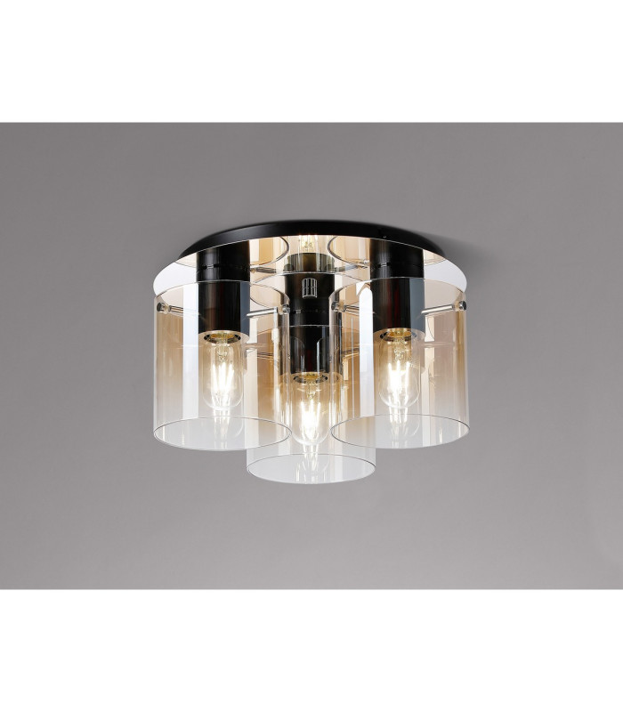 Ghent 37cm Round Ceiling Flush 3 Light Flush Fitting Black/Amber Fade Glass-3