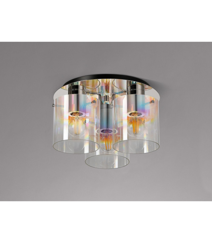 Ghent 37cm Round Ceiling Flush 3 Light Flush Fitting Polished Nickel/Black/Iridescent Fade Glass-7