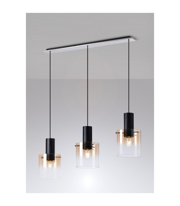 Ghent Linear Pendant 3 Light Adjustable E27 Black/Amber Fade Glass-3