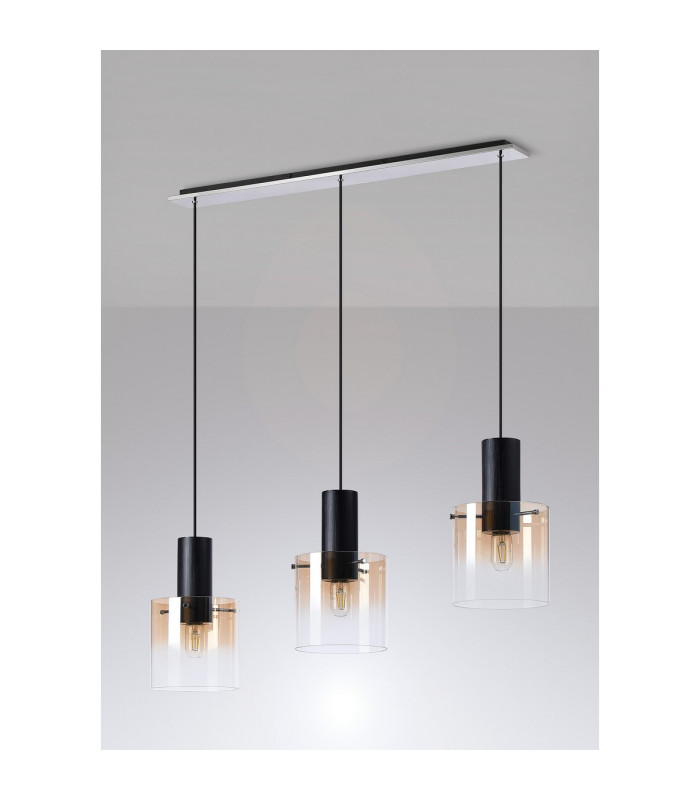 Ghent Linear Pendant 3 Light Adjustable E27 Black/Amber Fade Glass-9