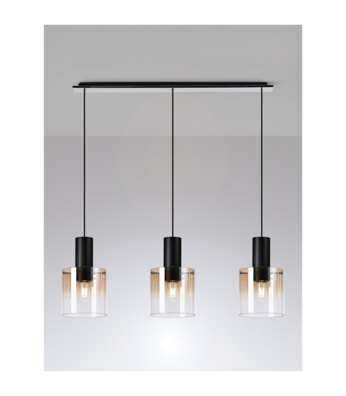 Ghent Linear Pendant 3 Light Adjustable E27 Black/Amber Fade Glass-10