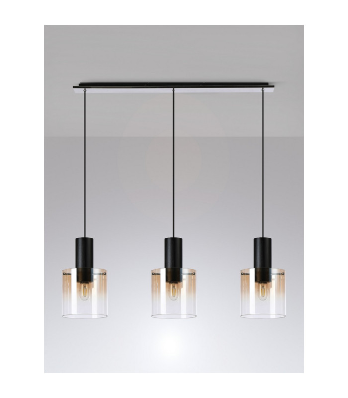 Ghent Linear Pendant 3 Light Adjustable E27 Black/Amber Fade Glass-11